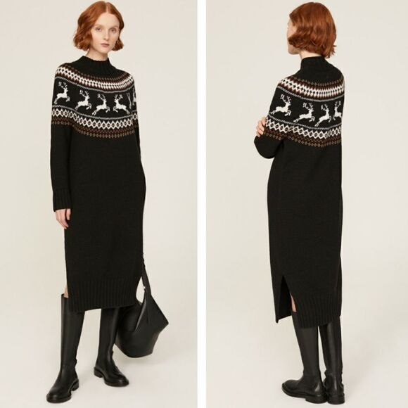 New! Barbour Kingsbury Wool Knit Fair Isle Mockneck Midi Oversized Sweater Dress - Picture 1 of 13